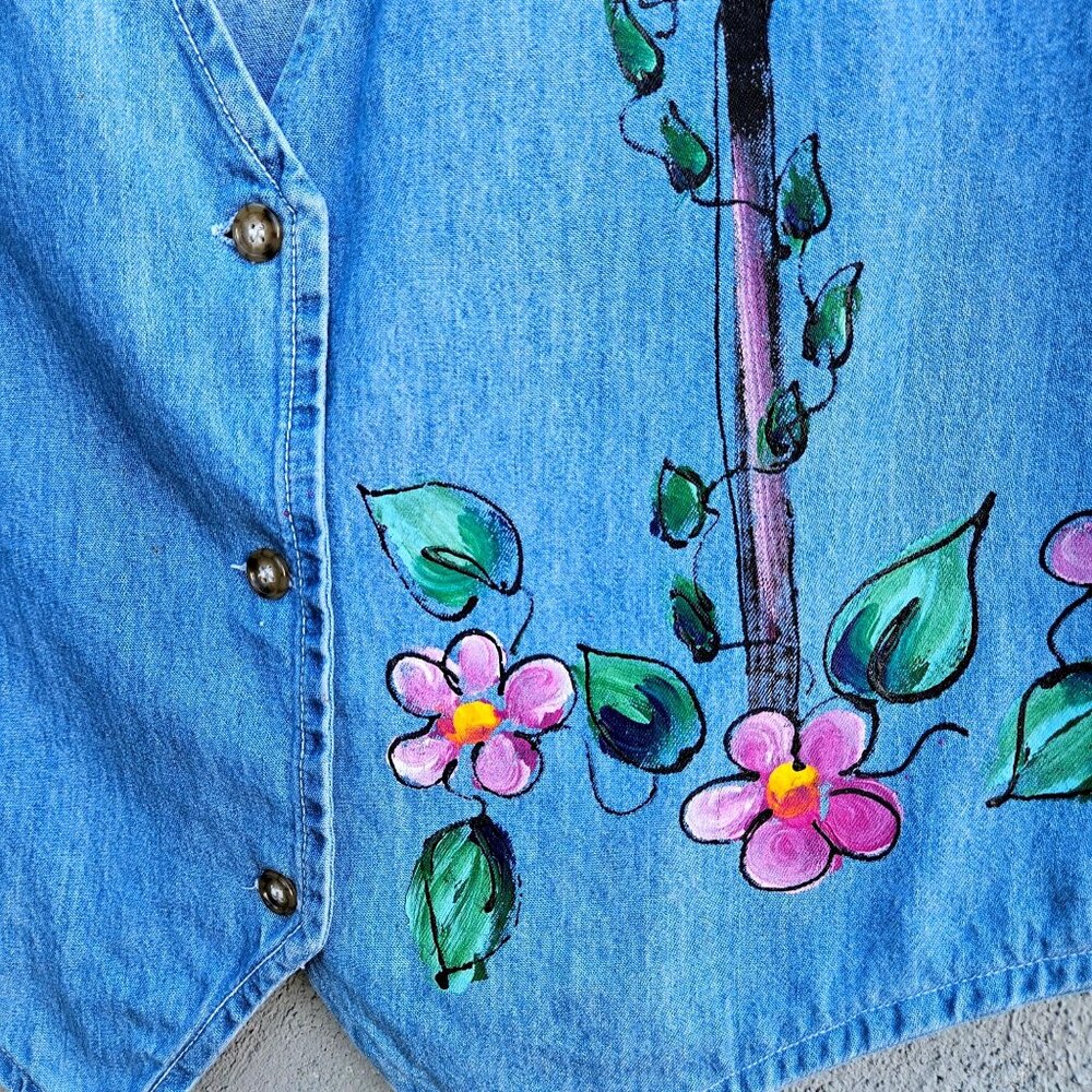 Vintage 80s Hand Painted Denim Vest XXL Plus Size Cottage Prairie Birds - Picture 2 of 11
